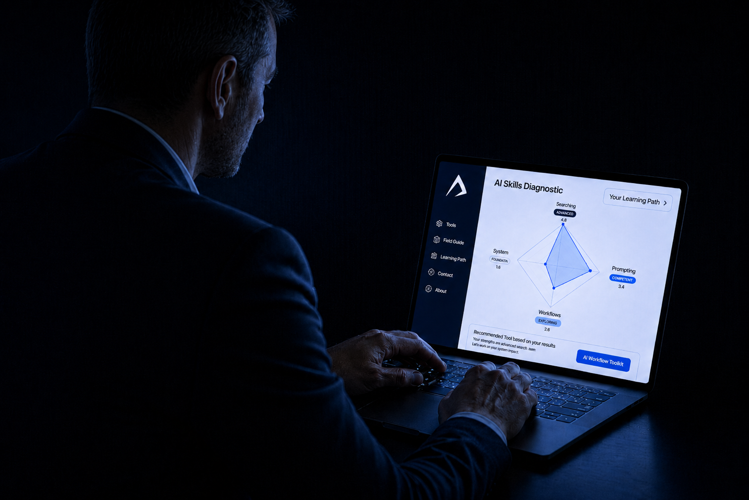 A professional reviewing their AI Skills Diagnostic radar chart on a laptop.