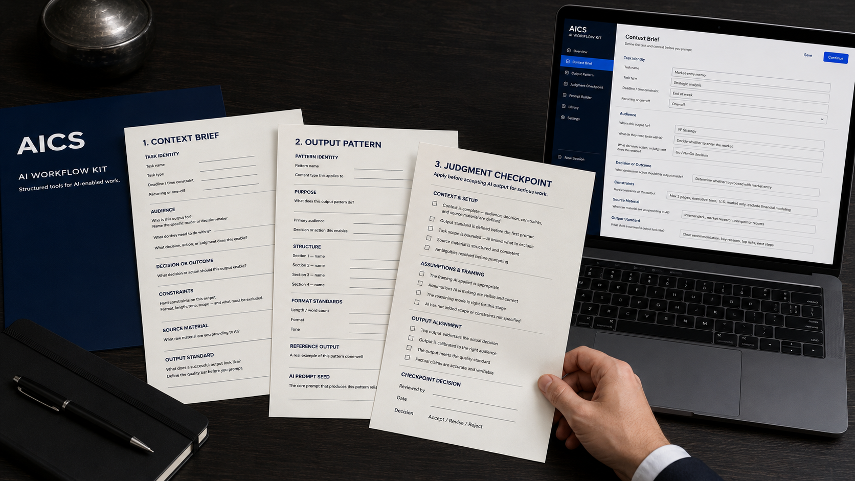 The AI Workflow Kit on a desk: AICS-branded folder, three templates (Context Brief, Output Pattern, Judgment Checkpoint), and the prompt construction tool on a laptop